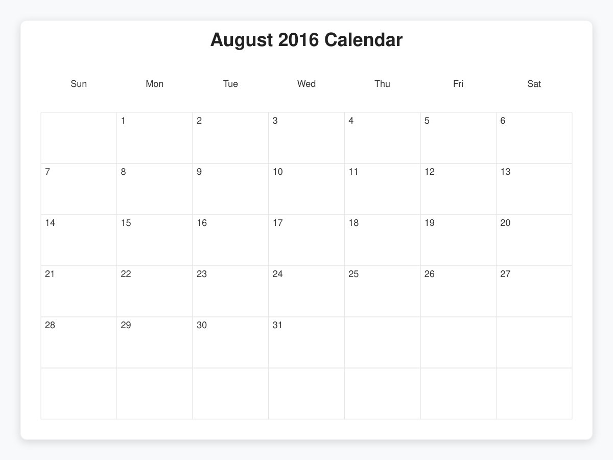 Printable August 2016 Calendars