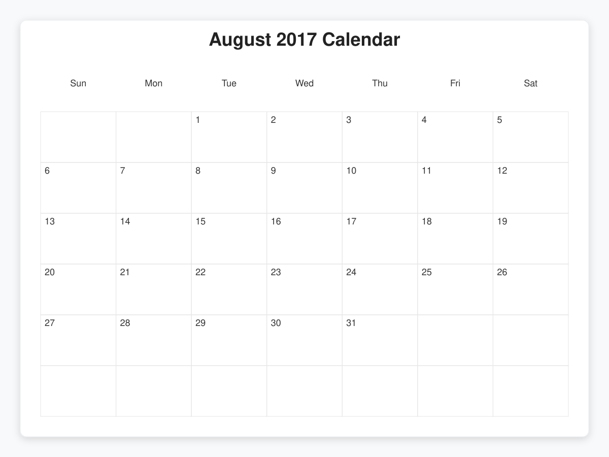 Printable August 2017 Calendars