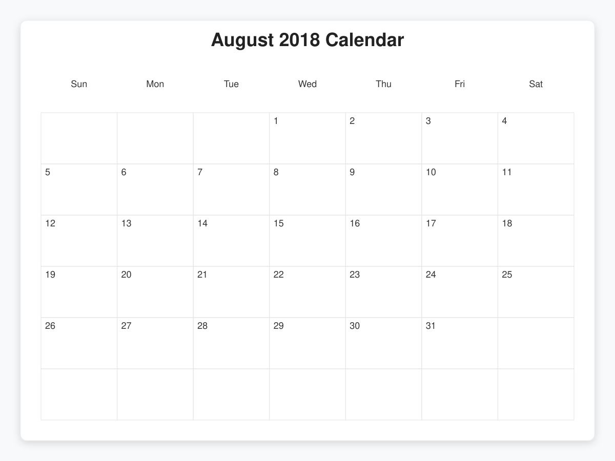 Printable August 2018 Calendars