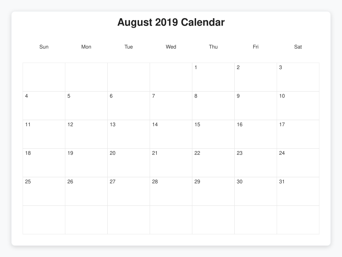 Printable August 2019 Calendars