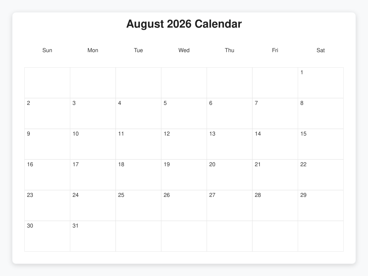 Printable August 2026 Calendars