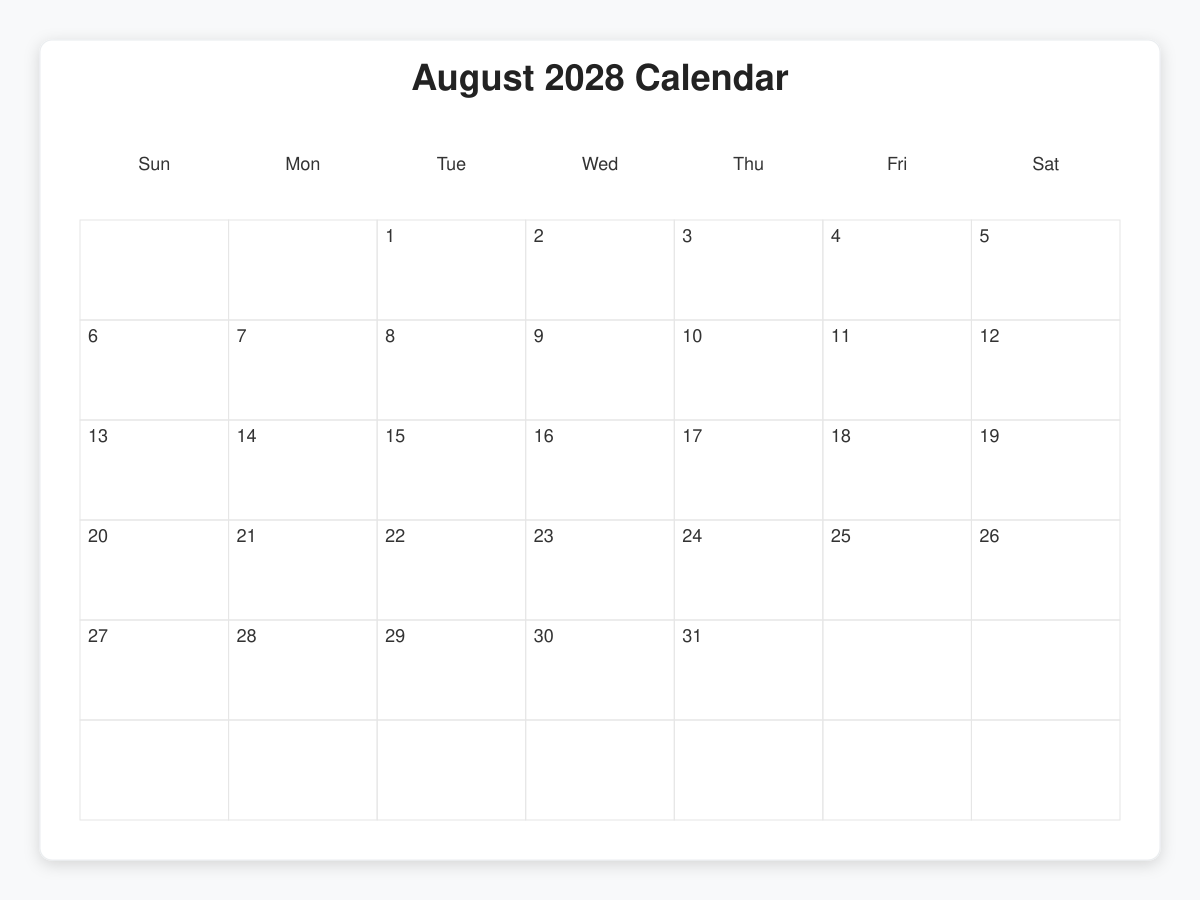 Printable August 2028 Calendars