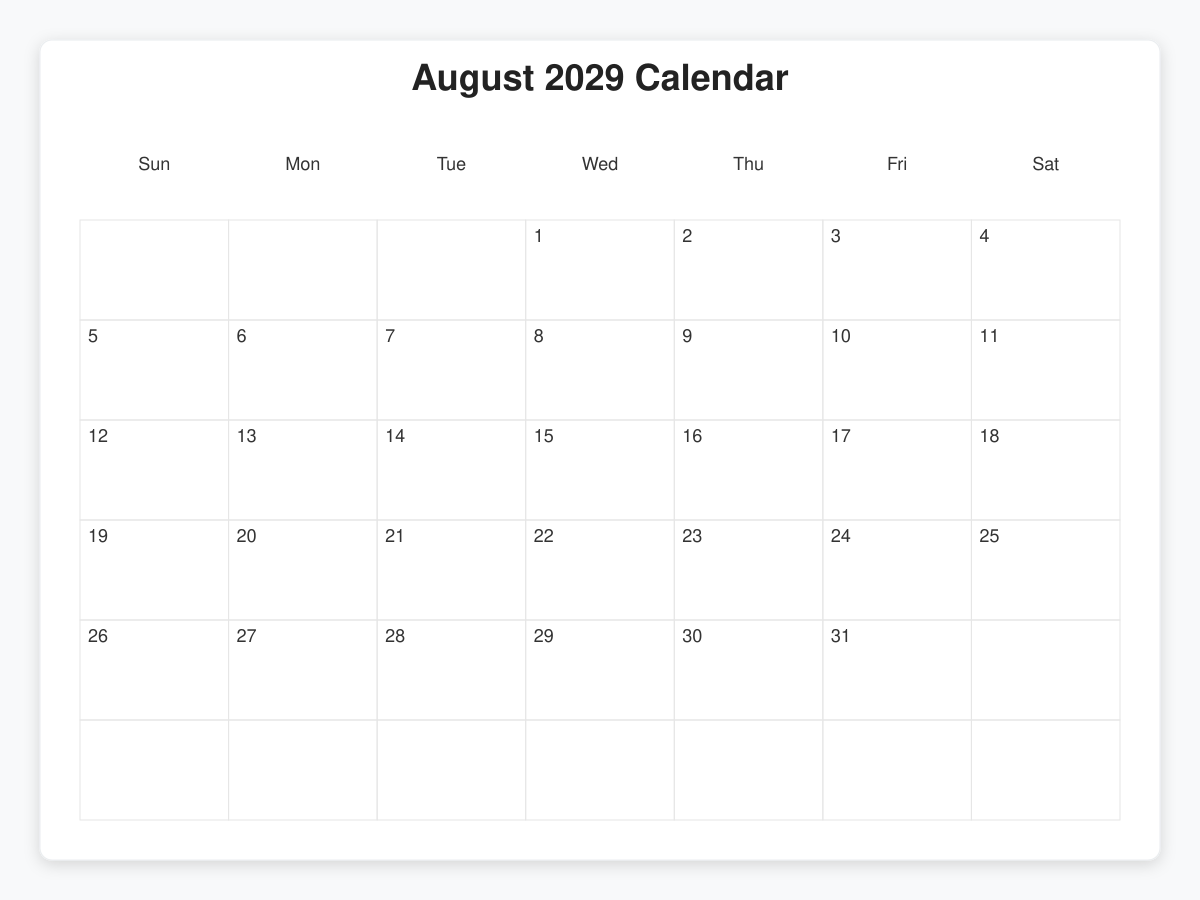 Printable August 2029 Calendars
