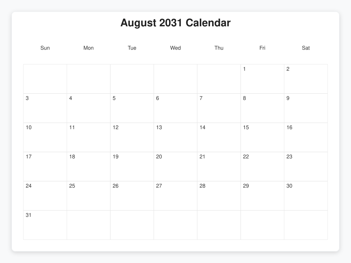 Printable August 2031 Calendars