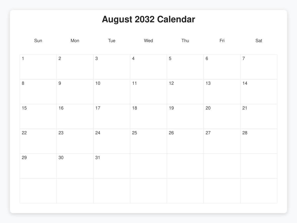 Printable August 2032 Calendars