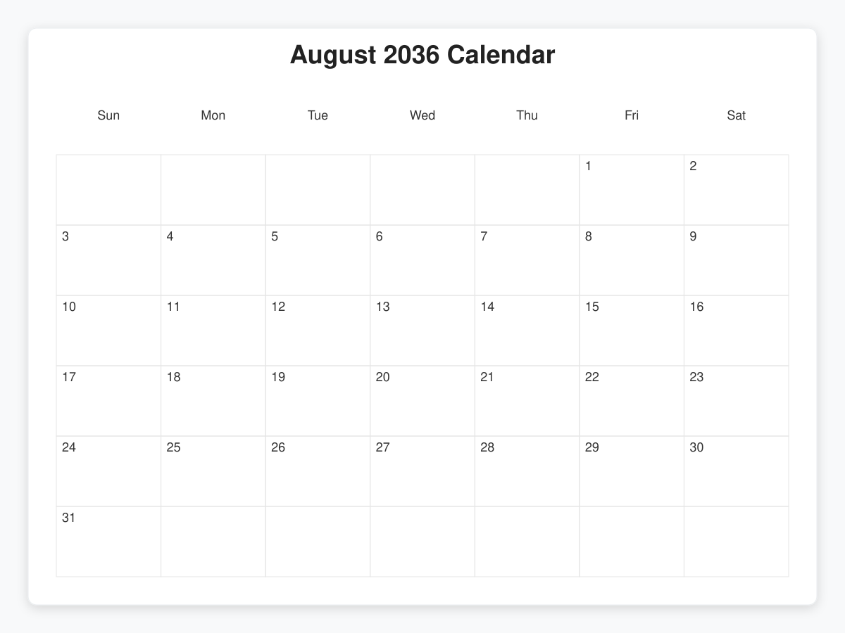 Printable August 2036 Calendars