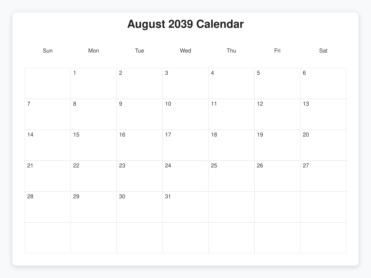 Printable August 2039 Calendars