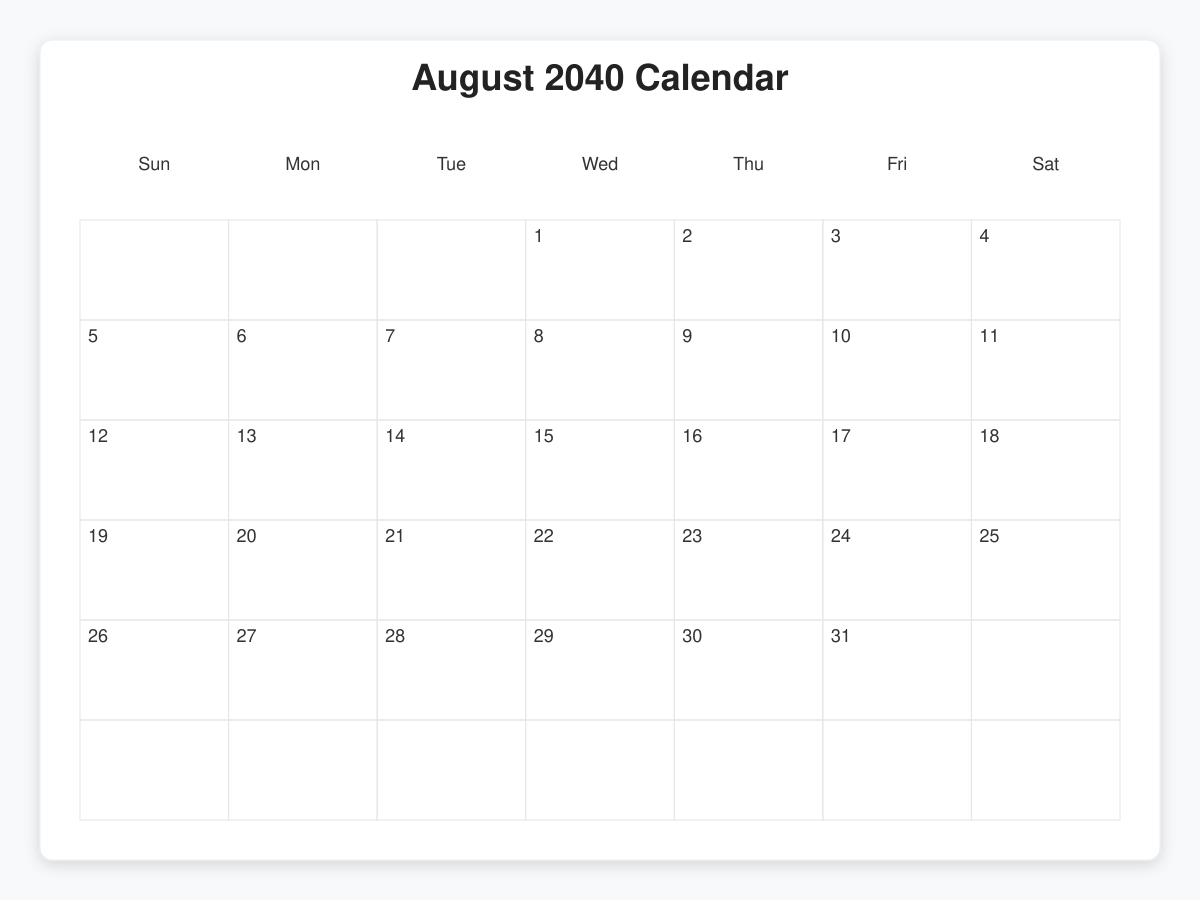 Printable August 2040 Calendars