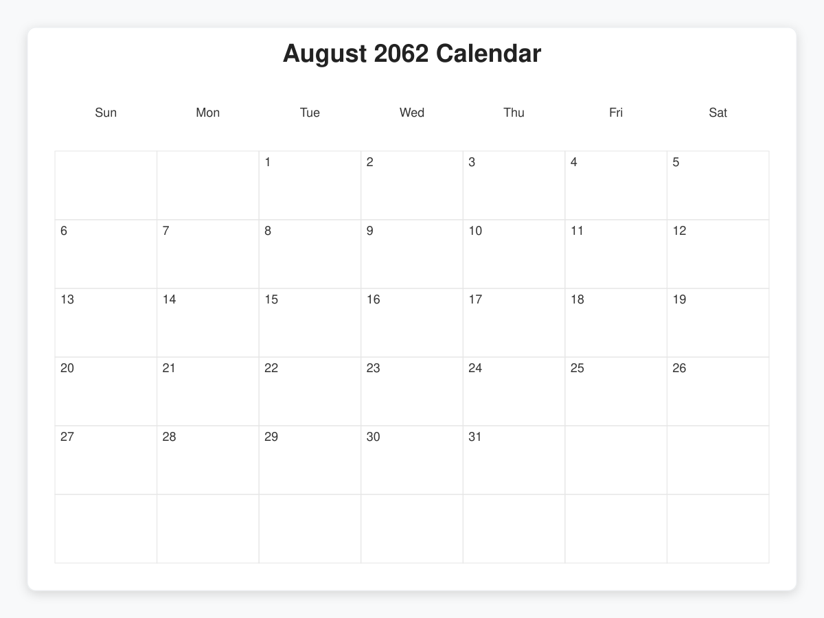 Printable August 2062 Calendars
