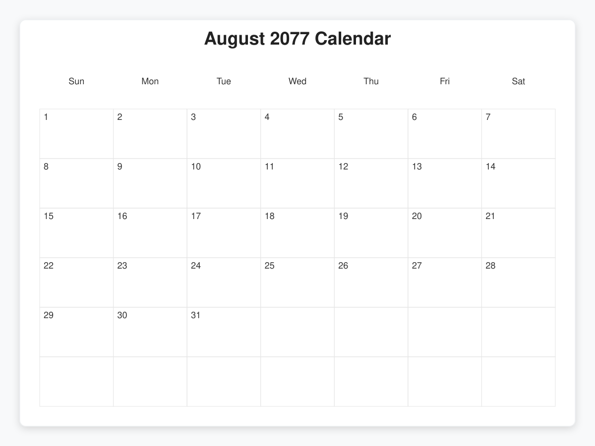 Printable August 2077 Calendars