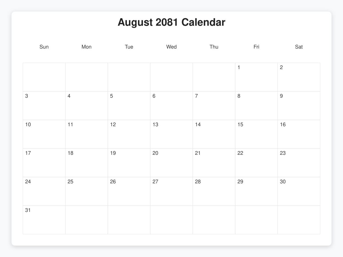 Printable August 2081 Calendars