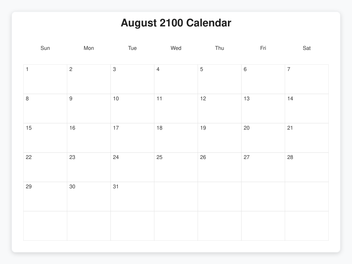 Printable August 2100 Calendars