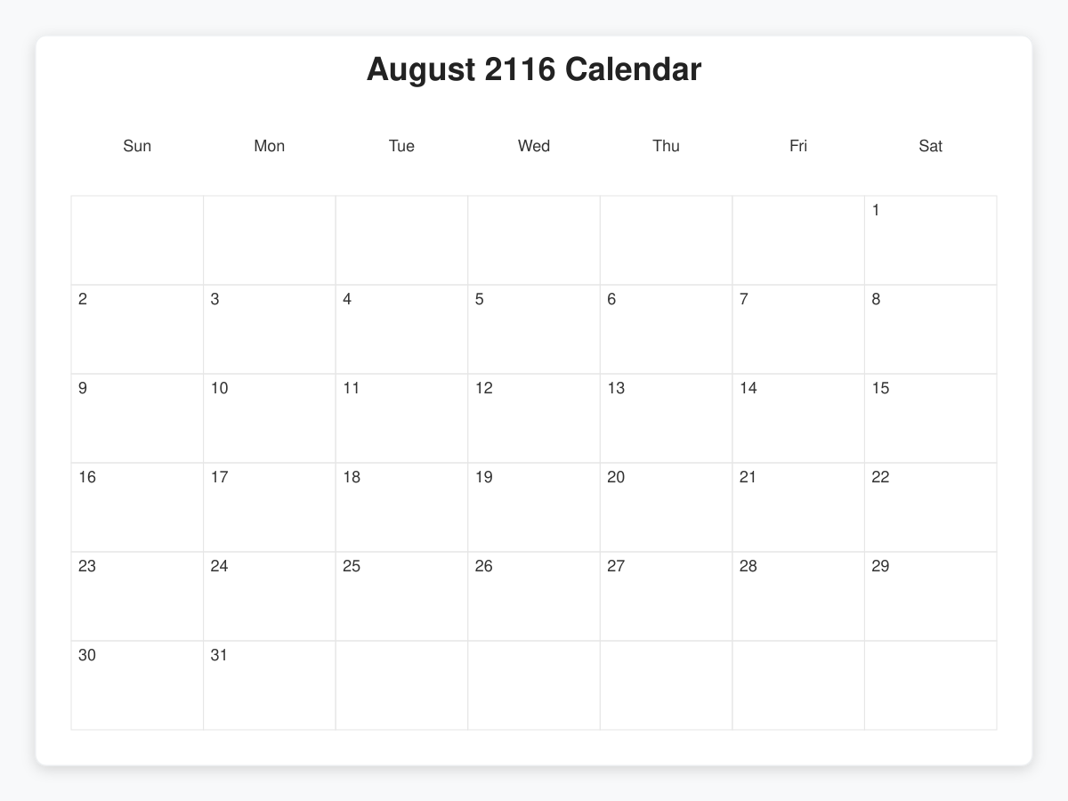 Printable August 2116 Calendars
