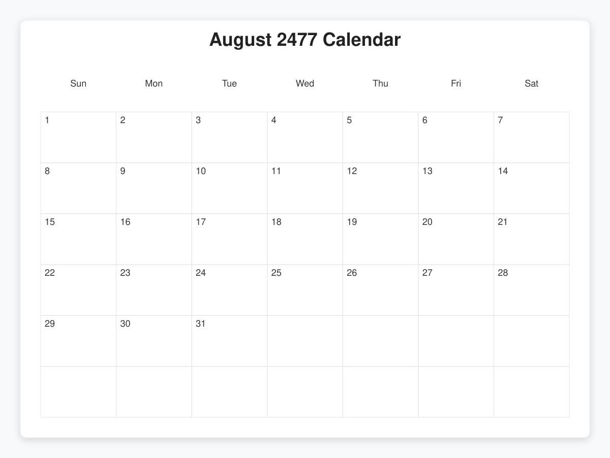Printable August 2477 Calendars
