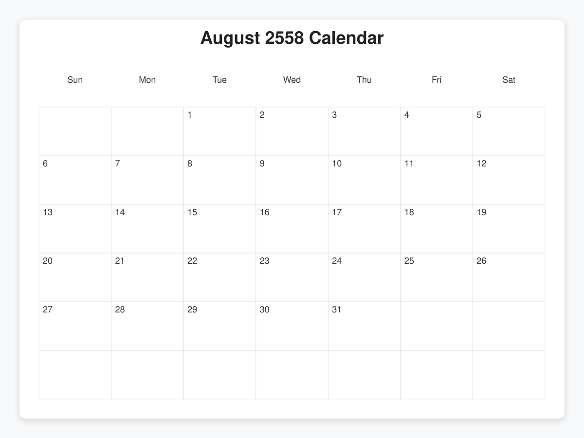 Printable August 2558 Calendars