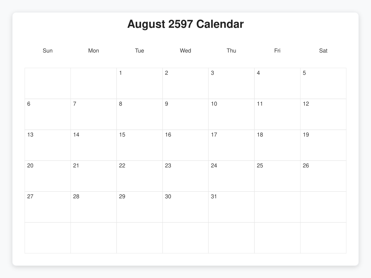 Printable August 2597 Calendars