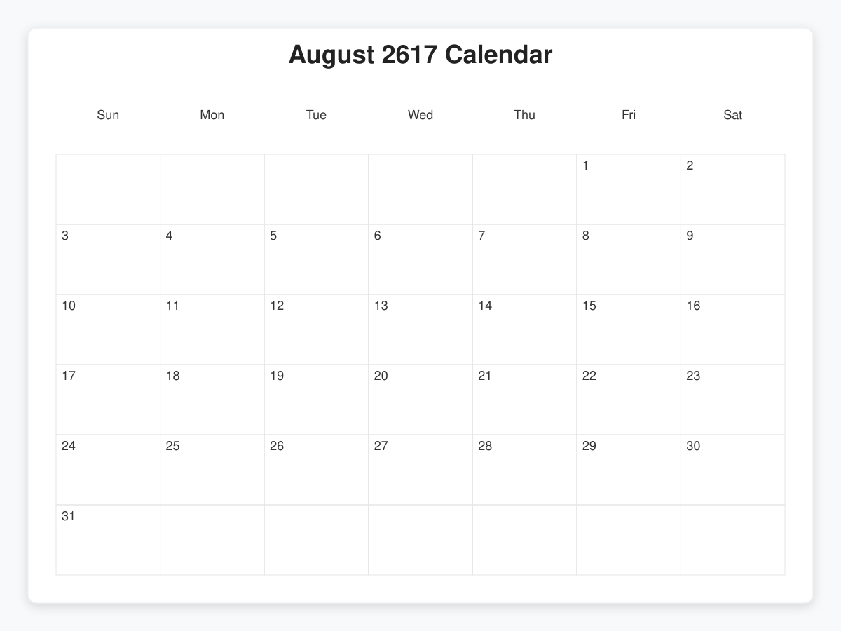 Printable August 2617 Calendars