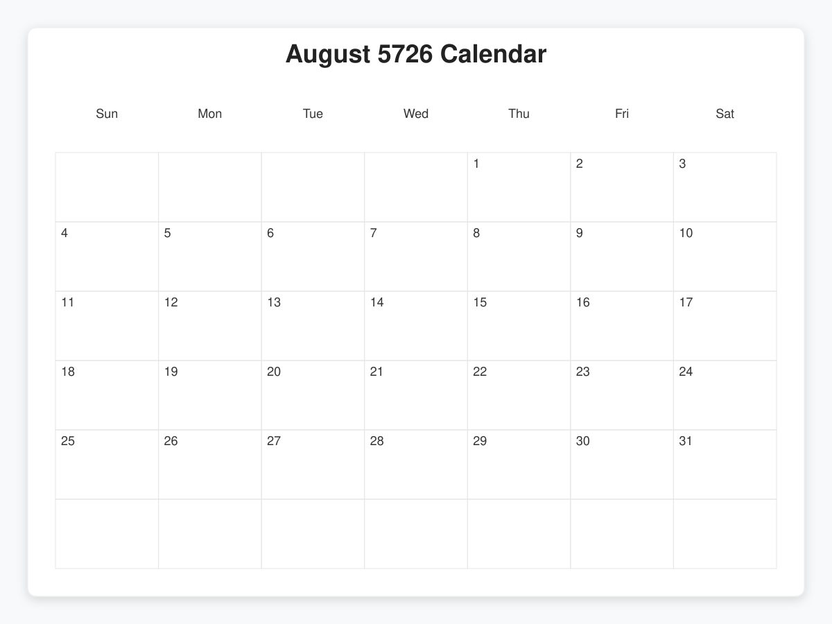 Printable August 5726 Calendars