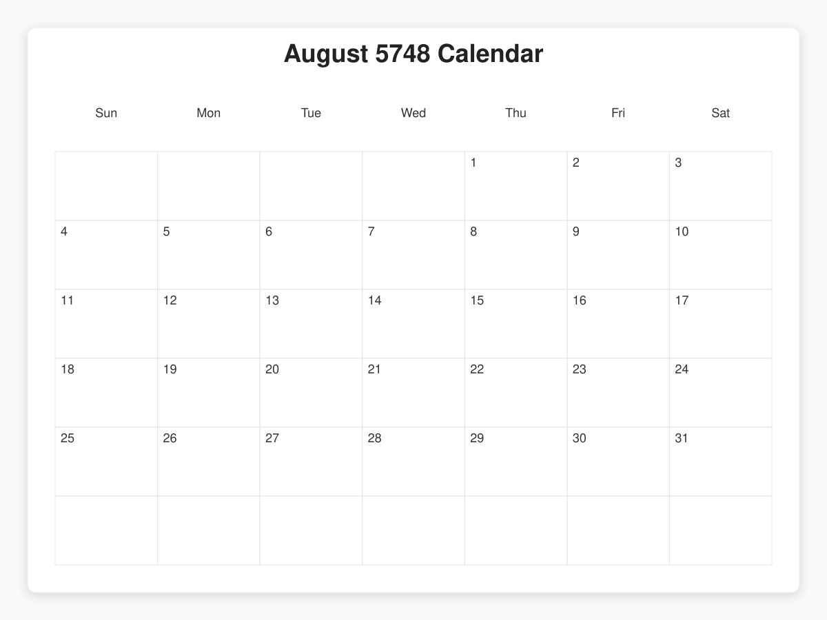 Printable August 5748 Calendars