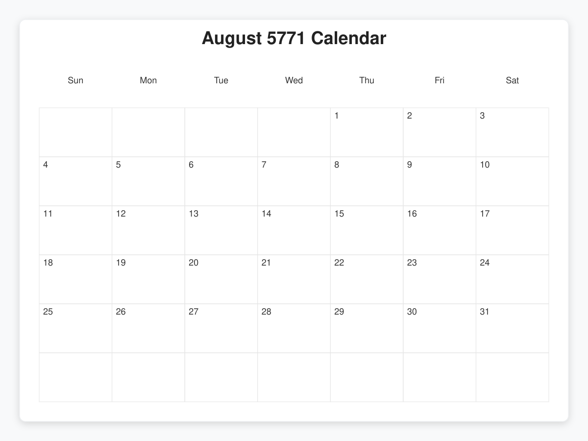 Printable August 5771 Calendars