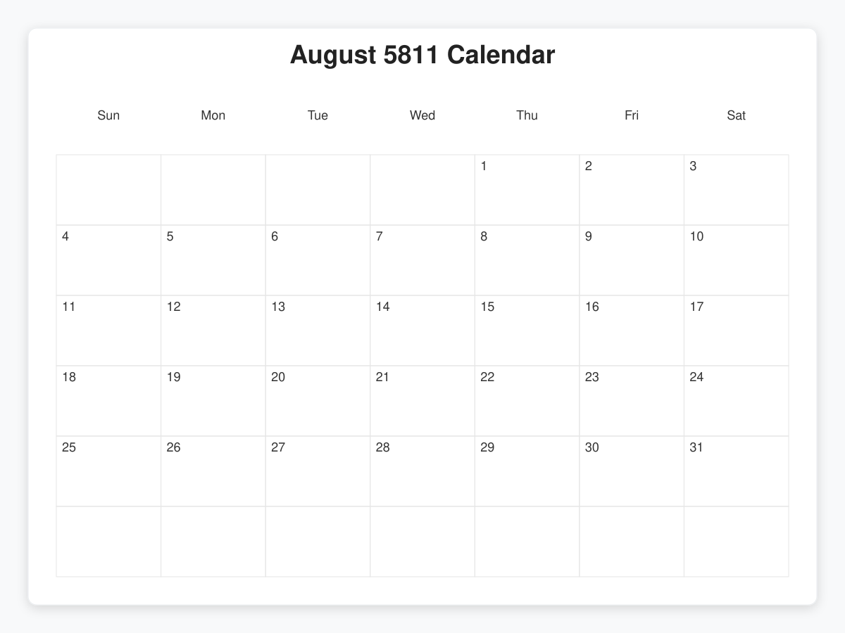 Printable August 5811 Calendars