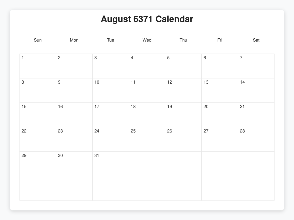 Printable August 6371 Calendars