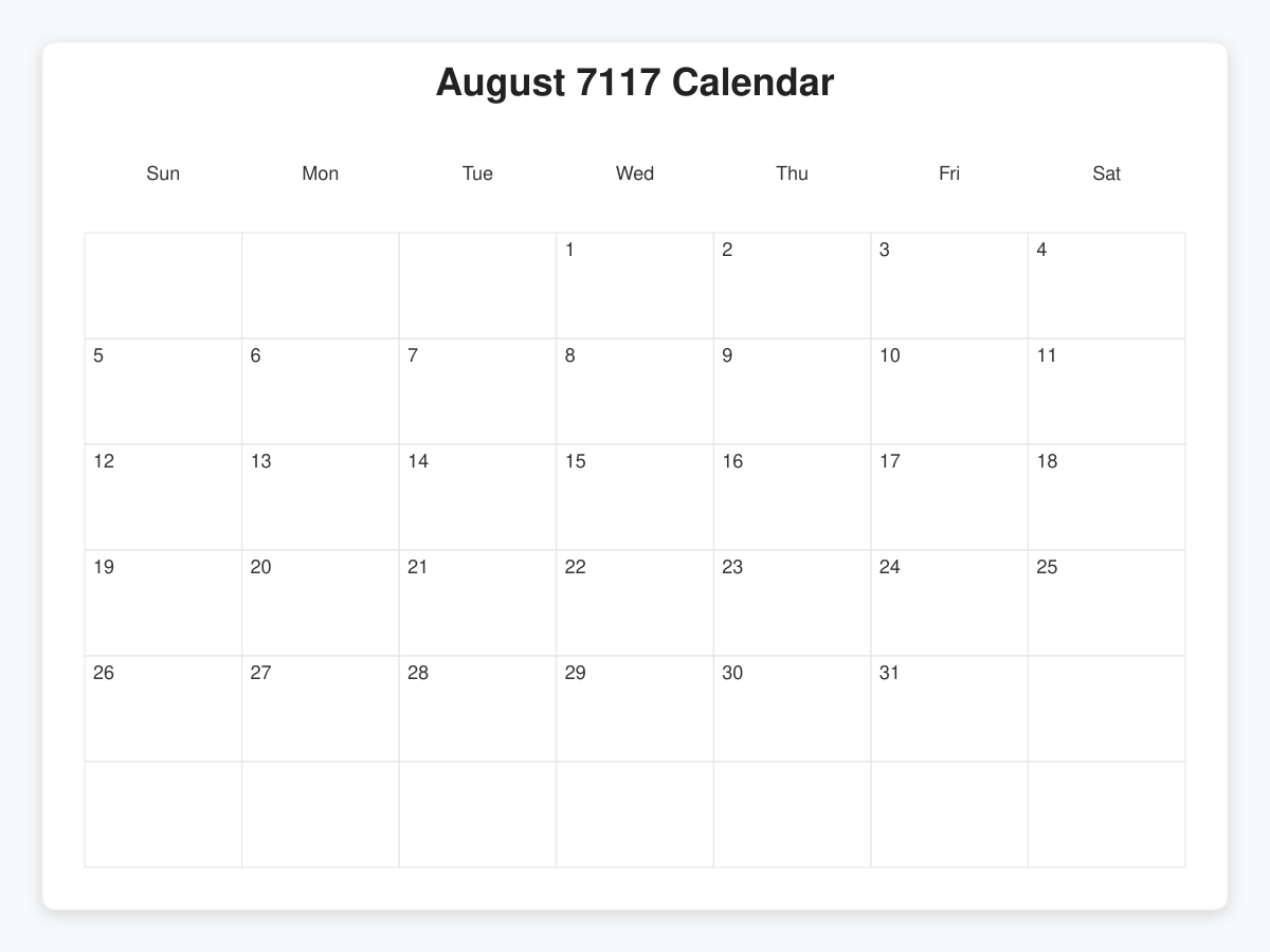 Printable August 7117 Calendars
