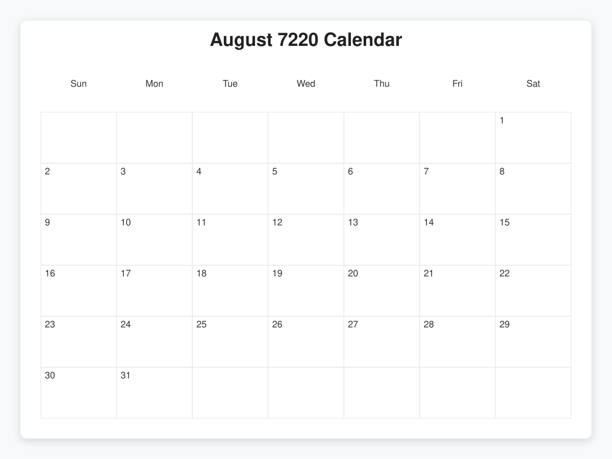 Printable August 7220 Calendars