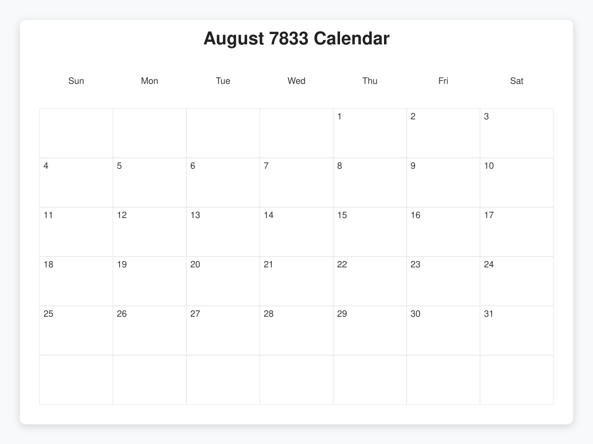 Printable August 7833 Calendars
