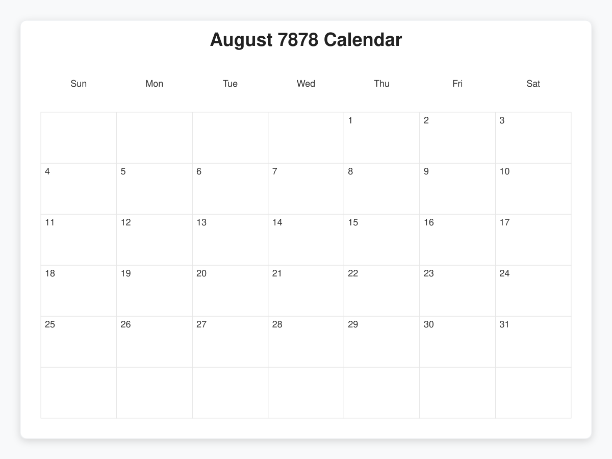 Printable August 7878 Calendars