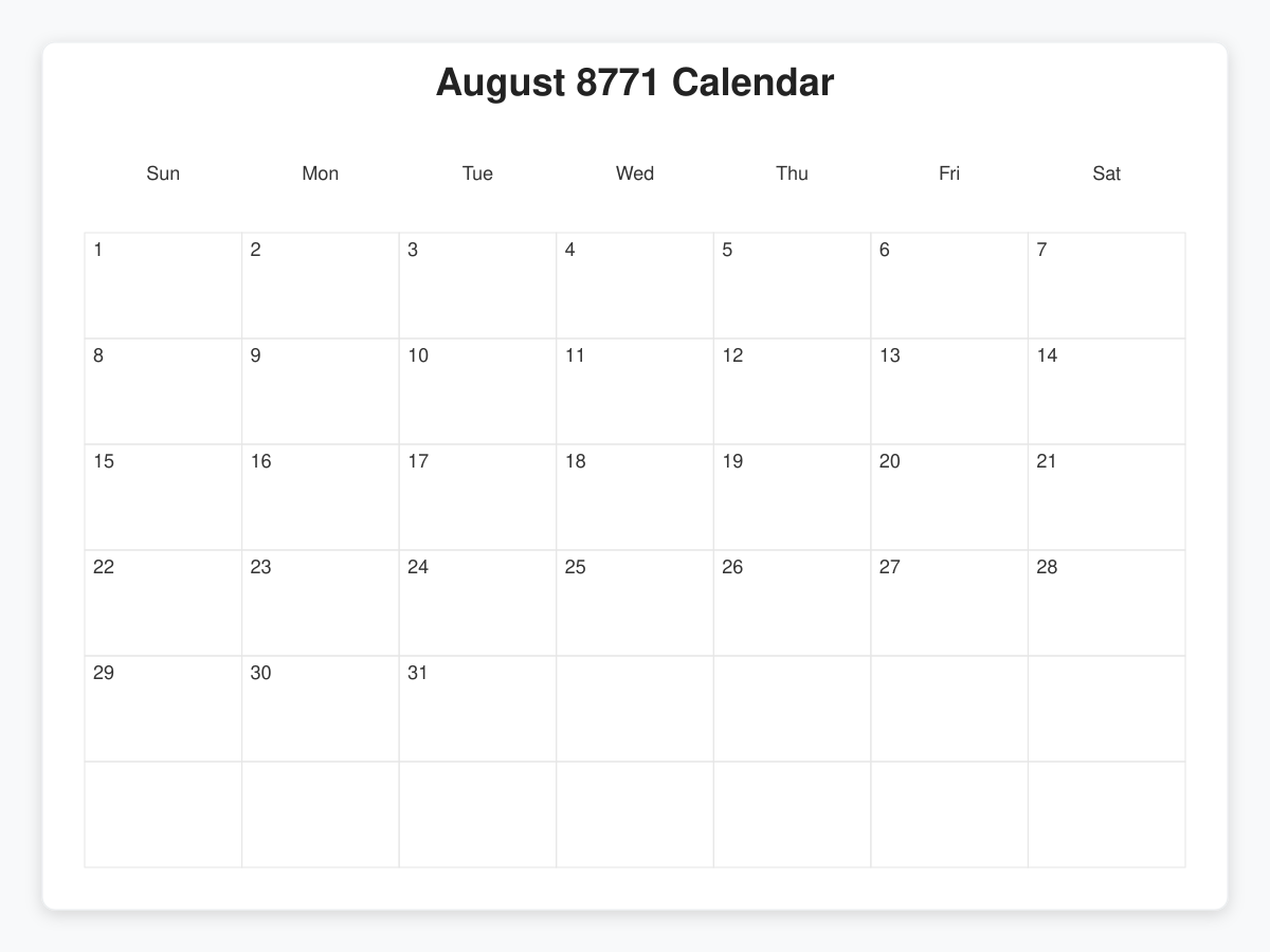 Printable August 8771 Calendars