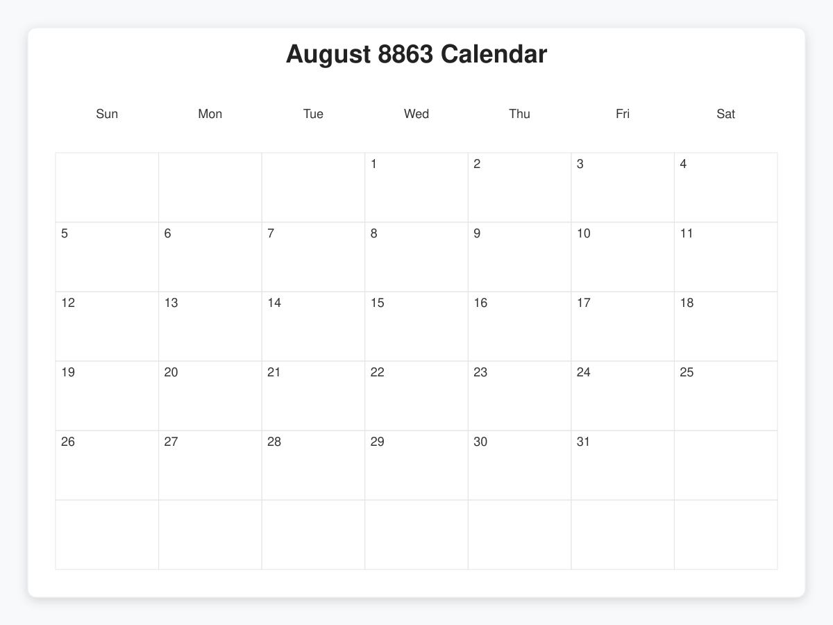 Printable August 8863 Calendars
