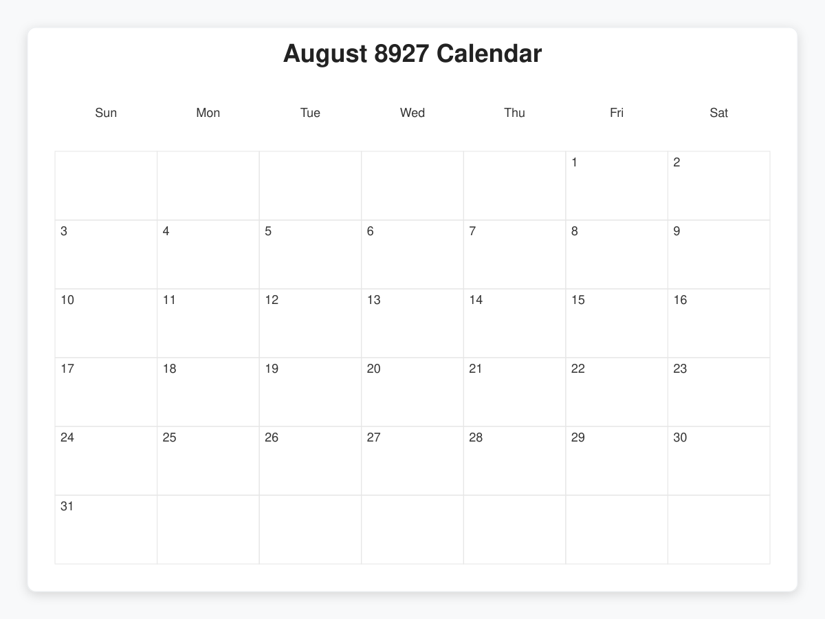 Printable August 8927 Calendars