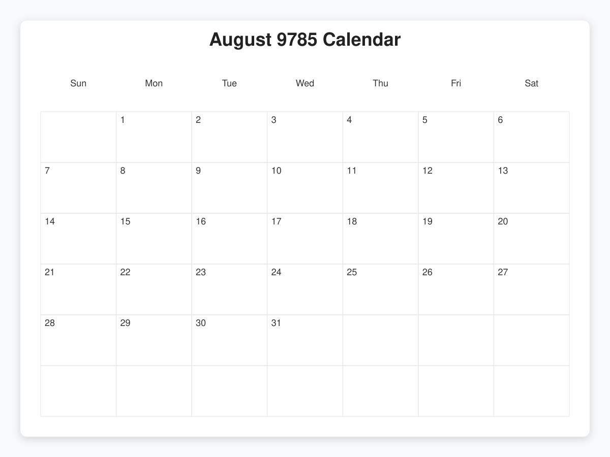 Printable August 9785 Calendars