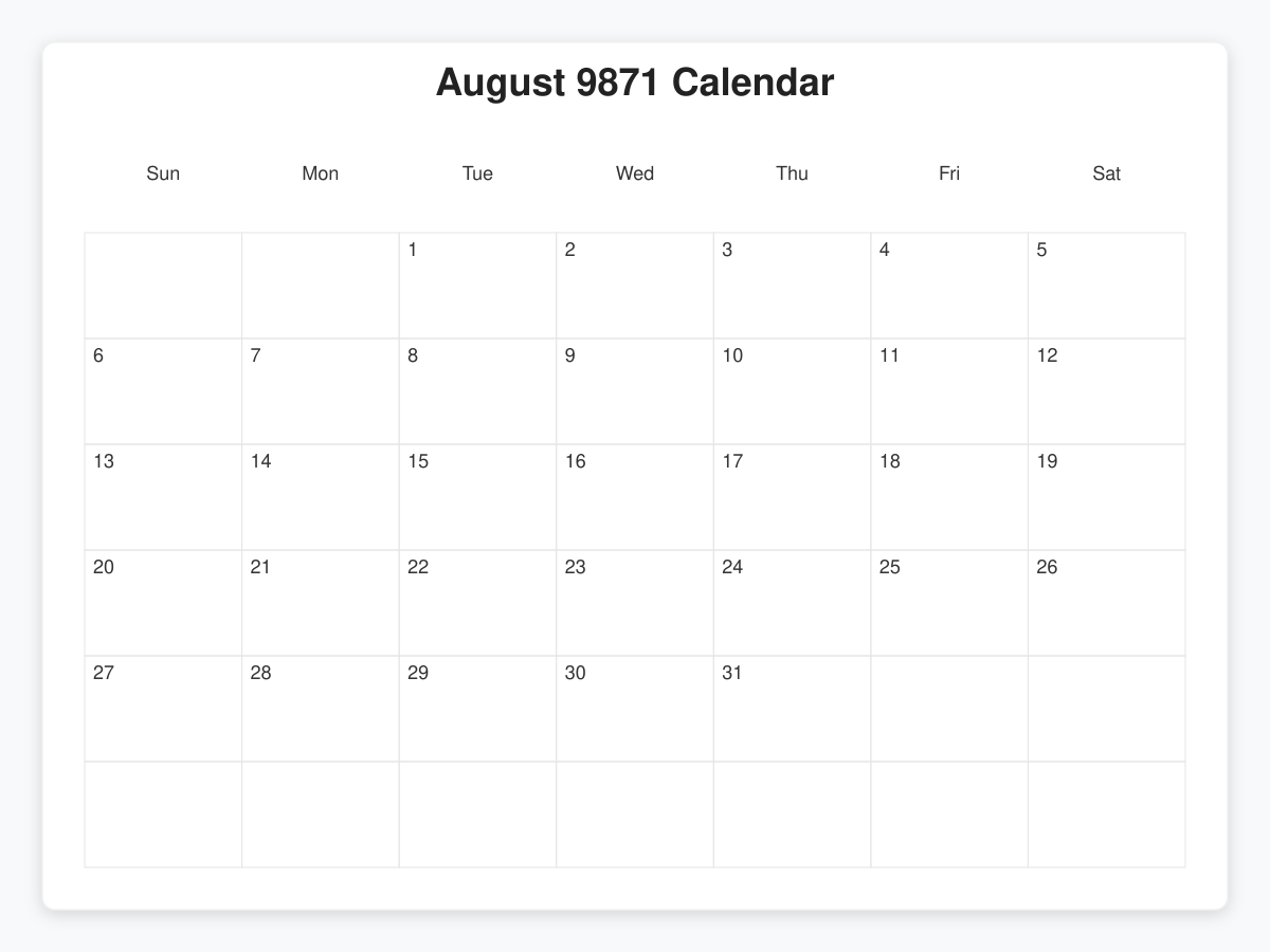 Printable August 9871 Calendars
