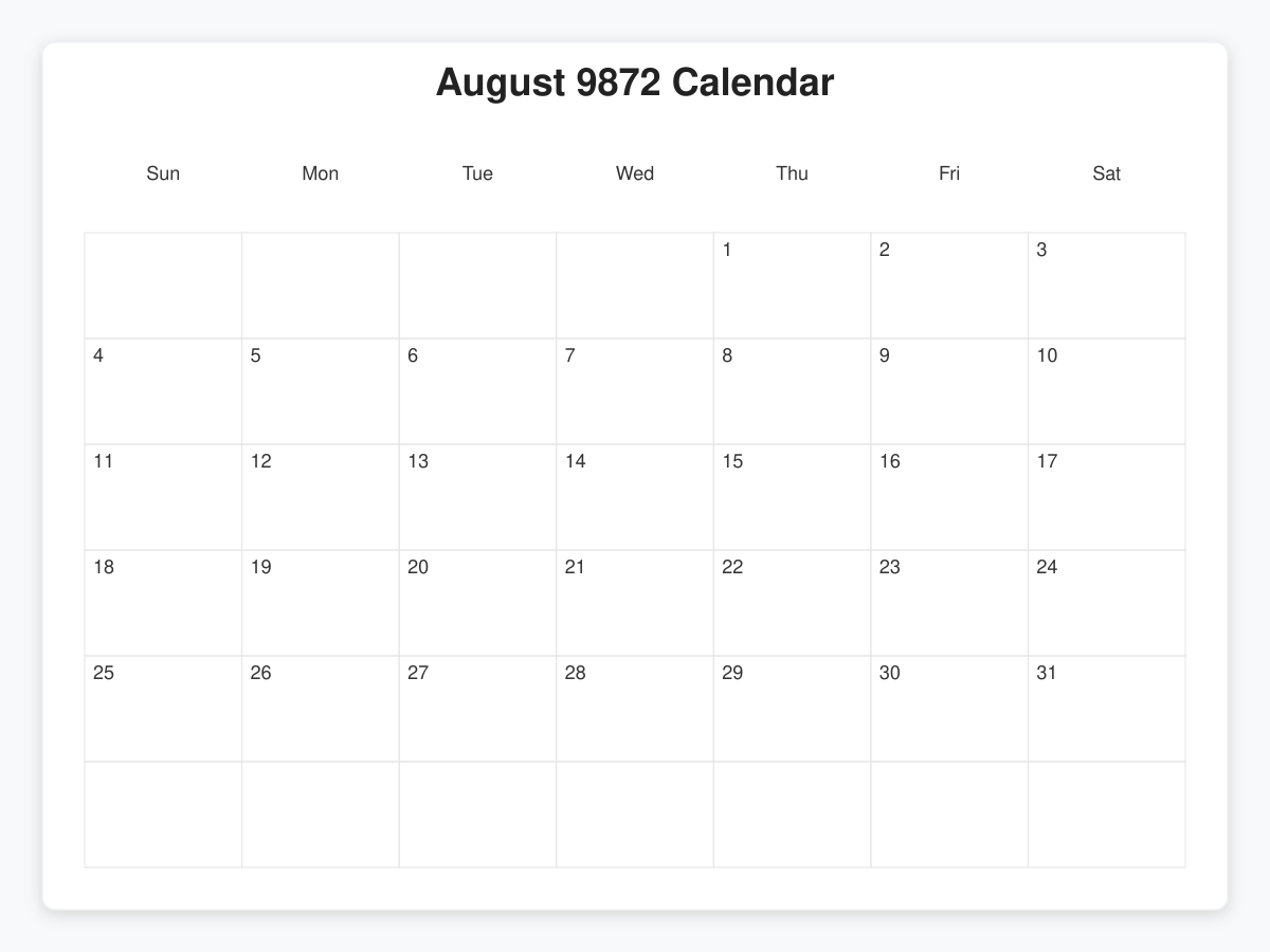 Printable August 9872 Calendars