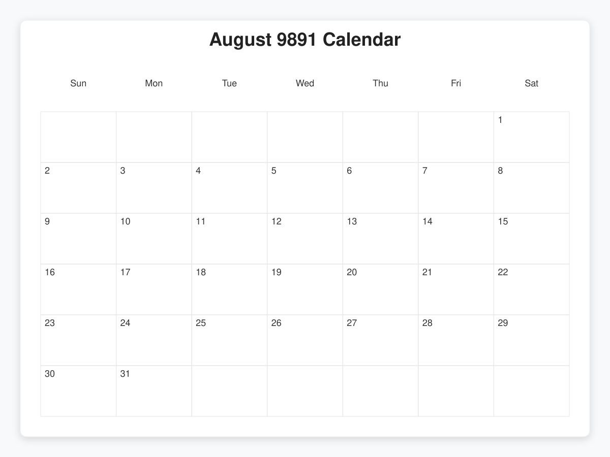 Printable August 9891 Calendars