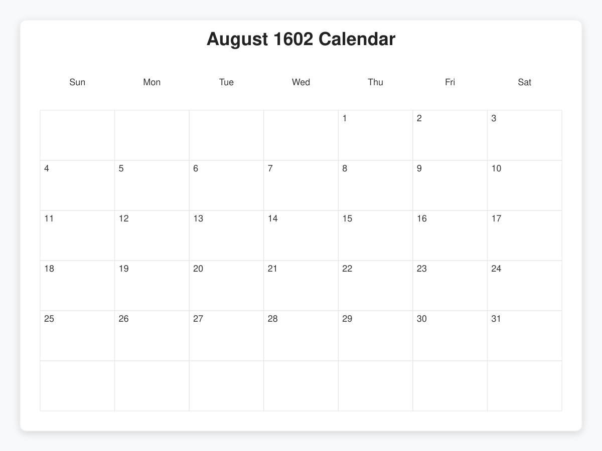 Printable August 1602 Calendars