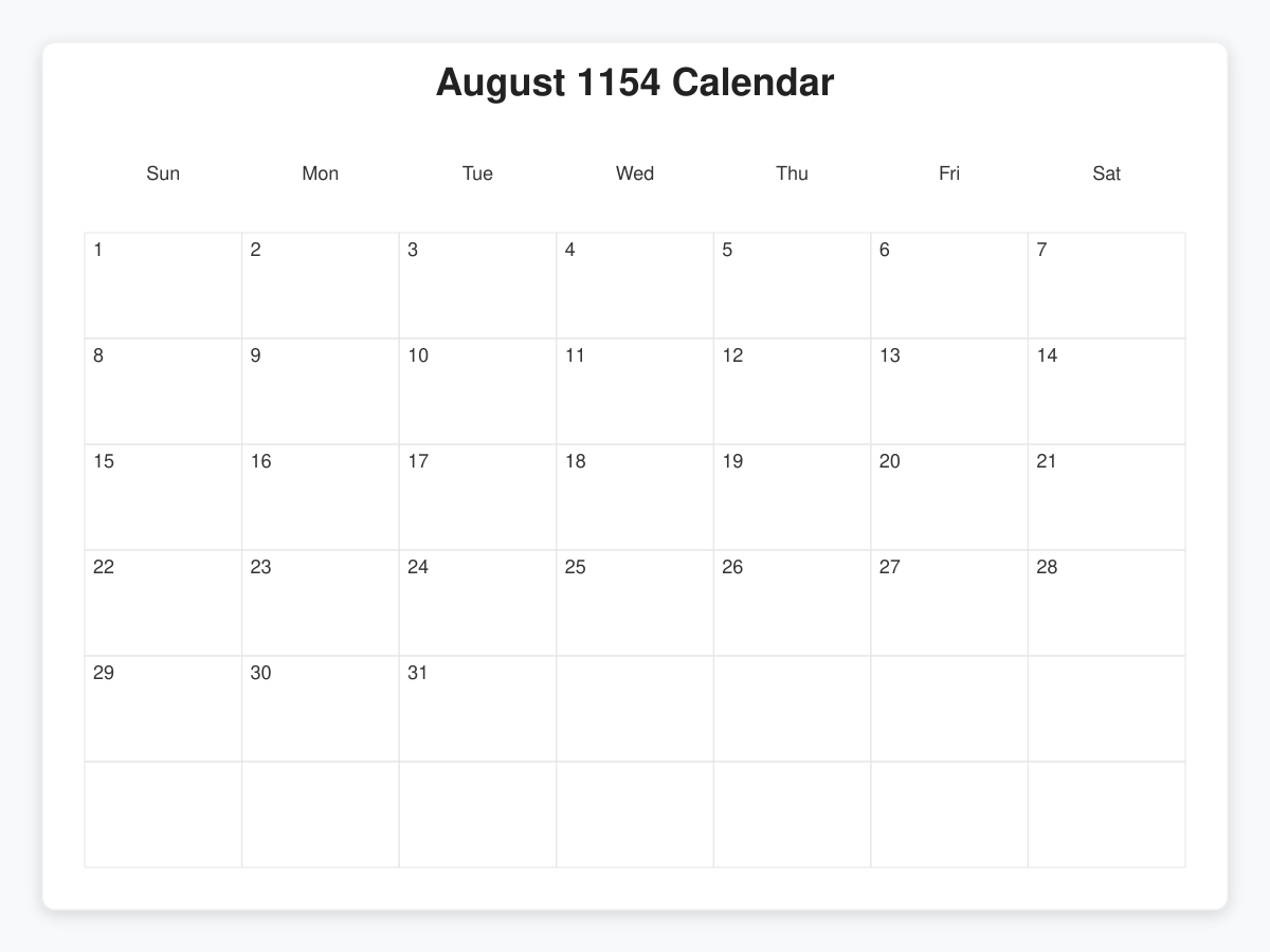 Printable August 1154 Calendars