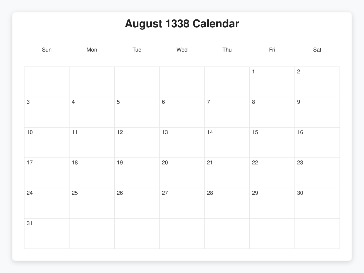 Printable August 1338 Calendars