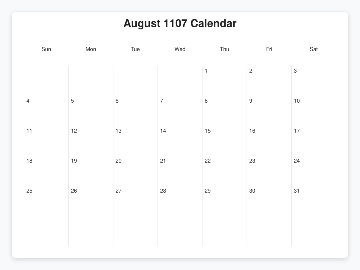 Printable August 1107 Calendars