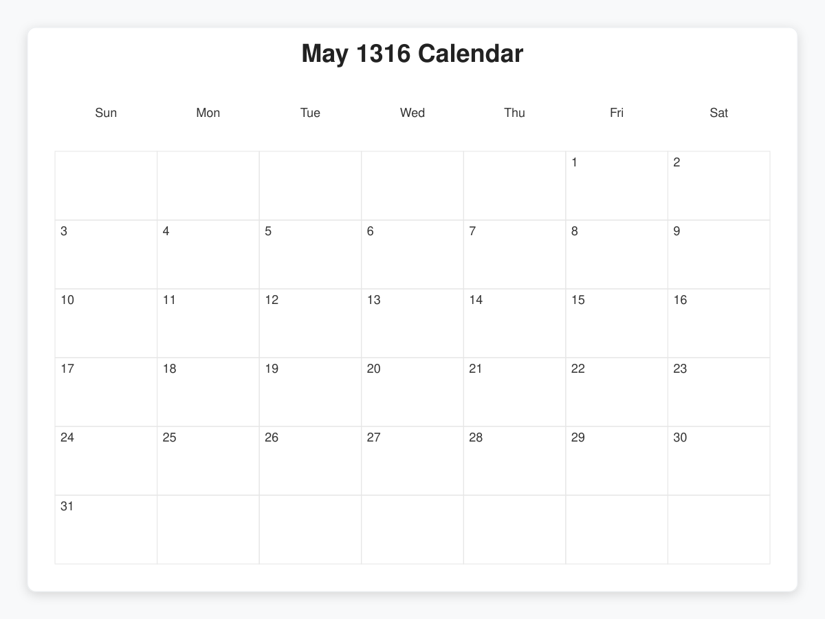 Printable May 1316 Calendars