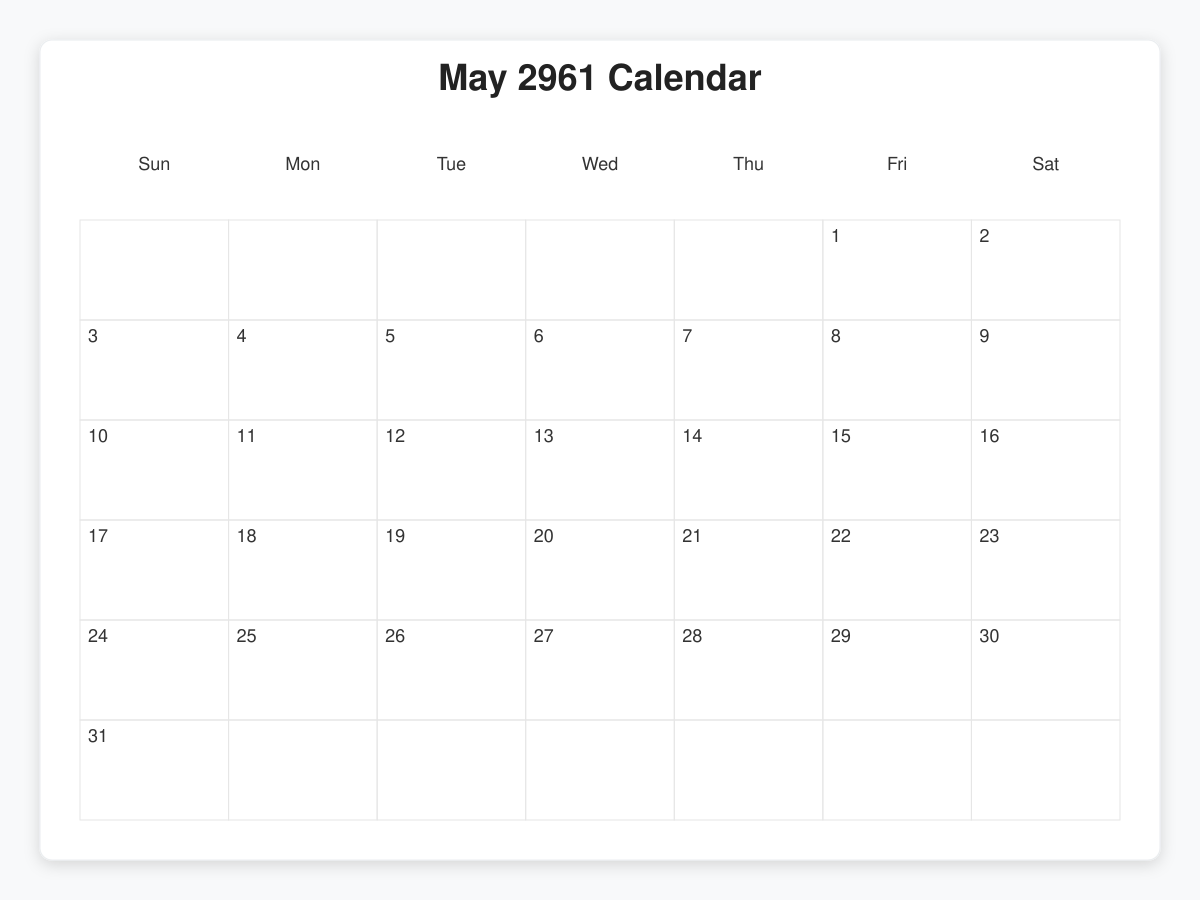 Printable May 2961 Calendars