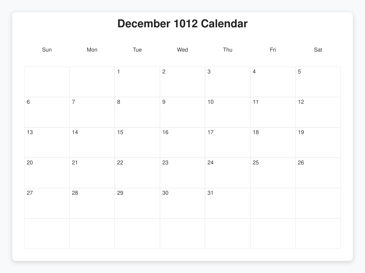 Printable December 1012 Calendars