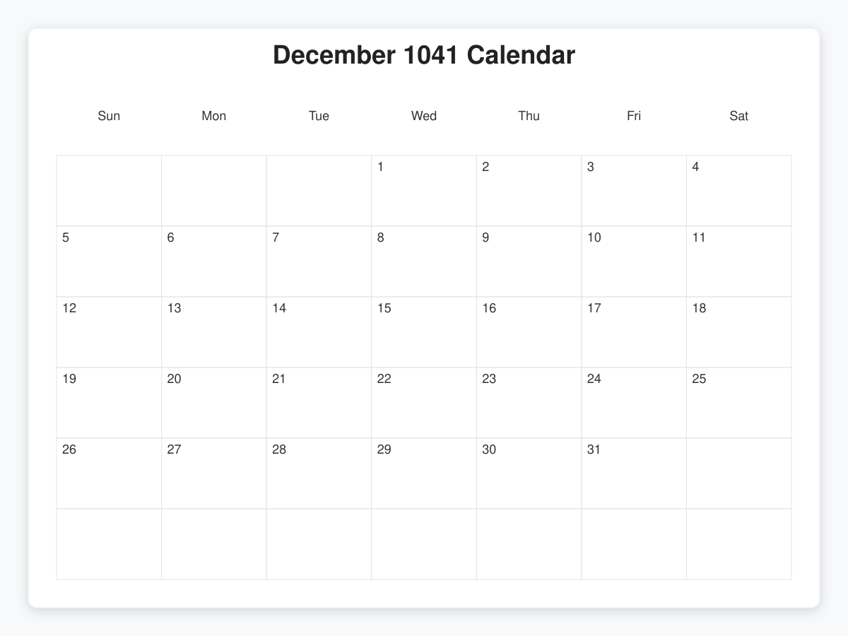 Printable December 1041 Calendars