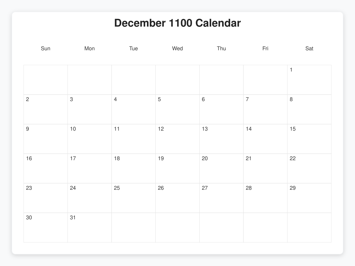 Printable December 1100 Calendars