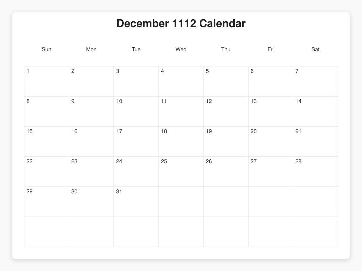 Printable December 1112 Calendars