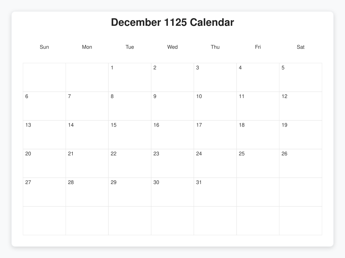 Printable December 1125 Calendars