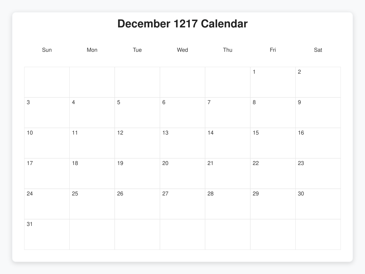 Printable December 1217 Calendars