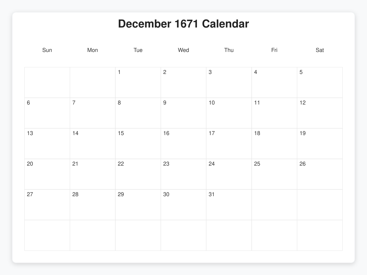 Printable December 1671 Calendars